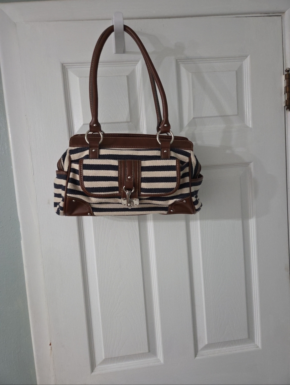 Chaps Navy/Cream Striped Canvas Tote Bag with Brown Trim
